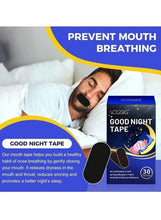 Anti-snoring sleep mouth tape box with black strip shown on closed mouth at night