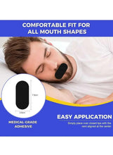 Black anti-snoring mouth tape strip with size measurements and adhesive info