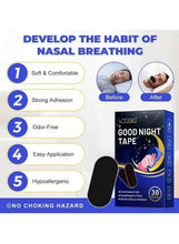 Anti-snoring mouth tape strip and packaging shown with feature icons