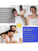 Anti-snoring mouth tape strip on closed mouth in sleep with before/after comparison