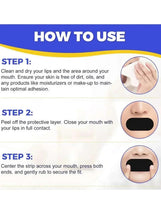 How-to steps for anti-snoring mouth tape: clean lips, press strip, secure placement