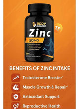 Zinc 50 mg supplement bottle with Body Builder label and four benefit icons