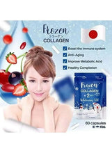 Frozen collagen capsules pouch with benefits checklist and icons