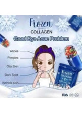Frozen collagen capsules pouch with acne, pimples, and wrinkle icons