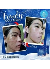 Frozen collagen capsules pouch shown with before-and-after face comparison