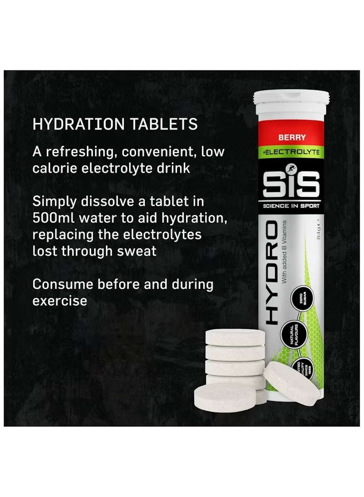 SIS sugar free hydration tablets in berry flavor, designed to aid hydration during exercise.