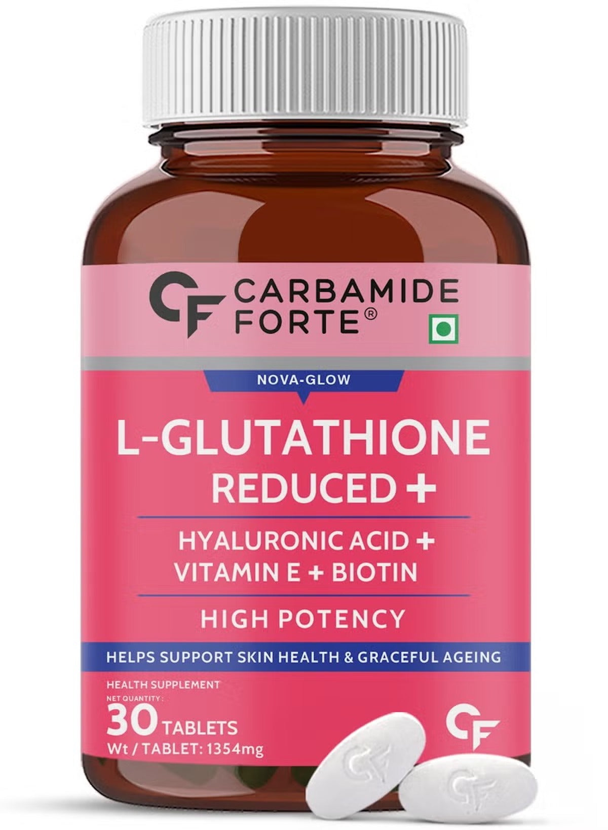 L Glutathione Reduced + 500mg Tablets for Skin Health | With Hyaluronic Acid, Vitamin E, Lycopene & Biotin – 30 Vegetarian Tablets