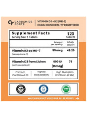 Carbamide Forte Vitamin D3 K2 MK7 (Plant-Based Lichen Source) – 120 Veg Tablets | Bone, Heart & Immune Health | Vegetarian Vitamin D3 with Menaquinone K2 MK7