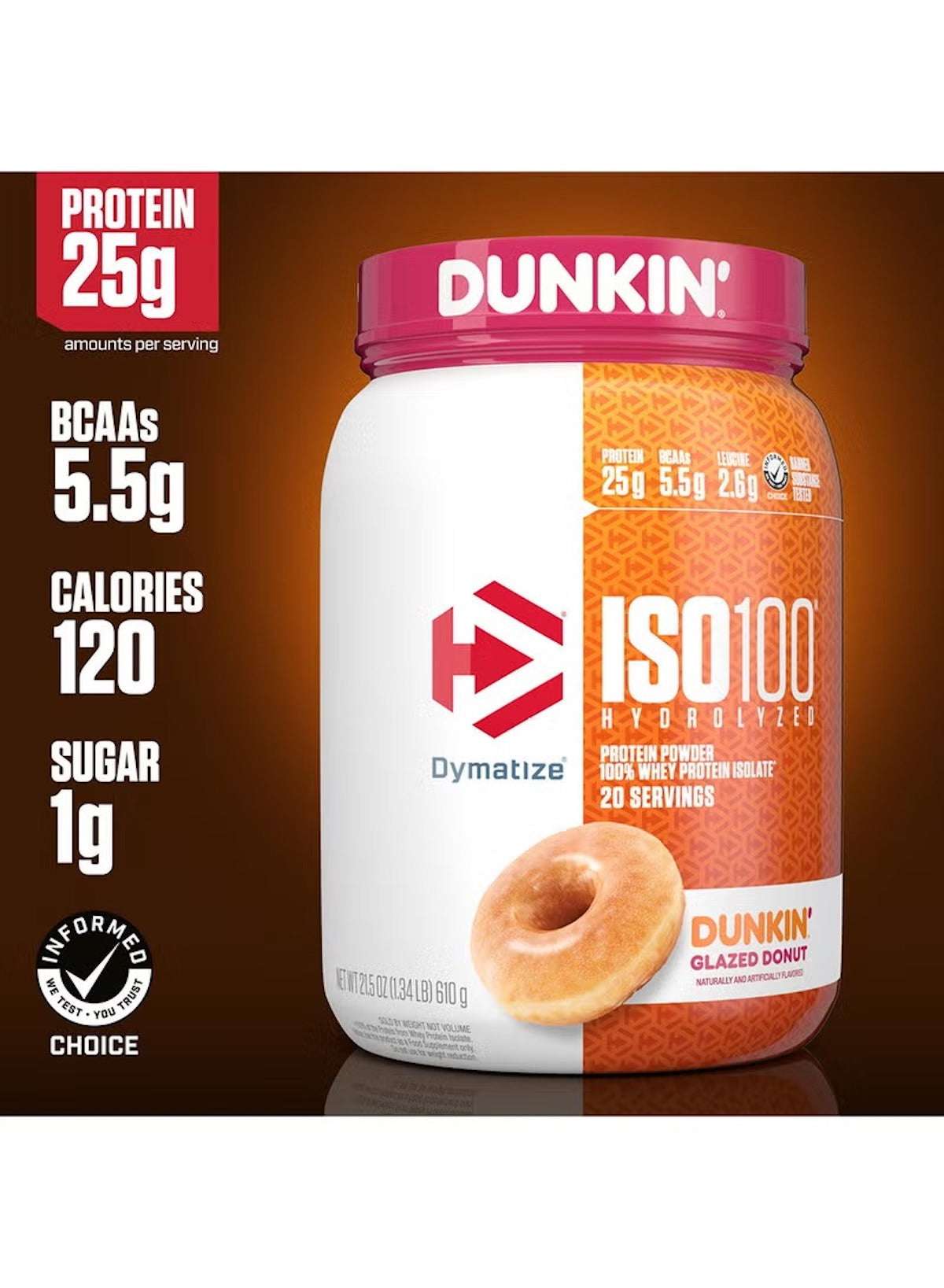 Dymatize x Dunkin' Glazed Donut ISO100 Whey Protein Powder | 25g Protein, 5.5g BCAAs, 120 Calories | Fast-Absorbing Hydrolyzed Whey Isolate | Gluten Free | 20 Servings