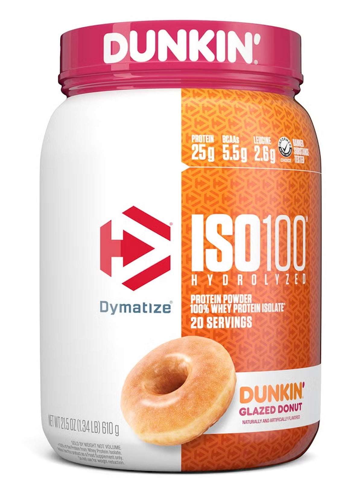 Dymatize x Dunkin' Glazed Donut ISO100 Whey Protein Powder | 25g Protein, 5.5g BCAAs, 120 Calories | Fast-Absorbing Hydrolyzed Whey Isolate | Gluten Free | 20 Servings