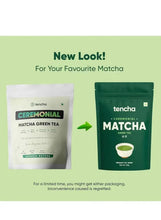 Two matcha powder pouches, light and dark green “tencha” ceremonial packaging