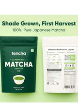 Matcha powder pouches, dark front bag and back label on light pouch