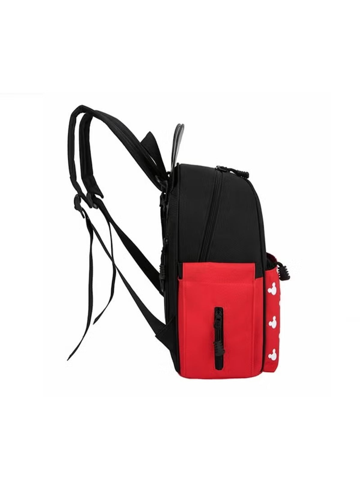 Side view of a black and red baby travel bag with adjustable straps and multiple pockets