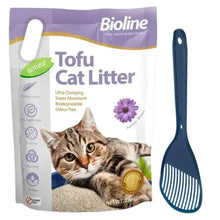 Cat tofu litter bag with blue scoop, clumping and odor-control label