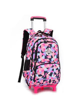 Geometric rolling school backpack with pink, black, and purple patterned fabric