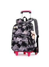 Kids rolling trolley backpack, black brushstroke print, front pouch, plush toy