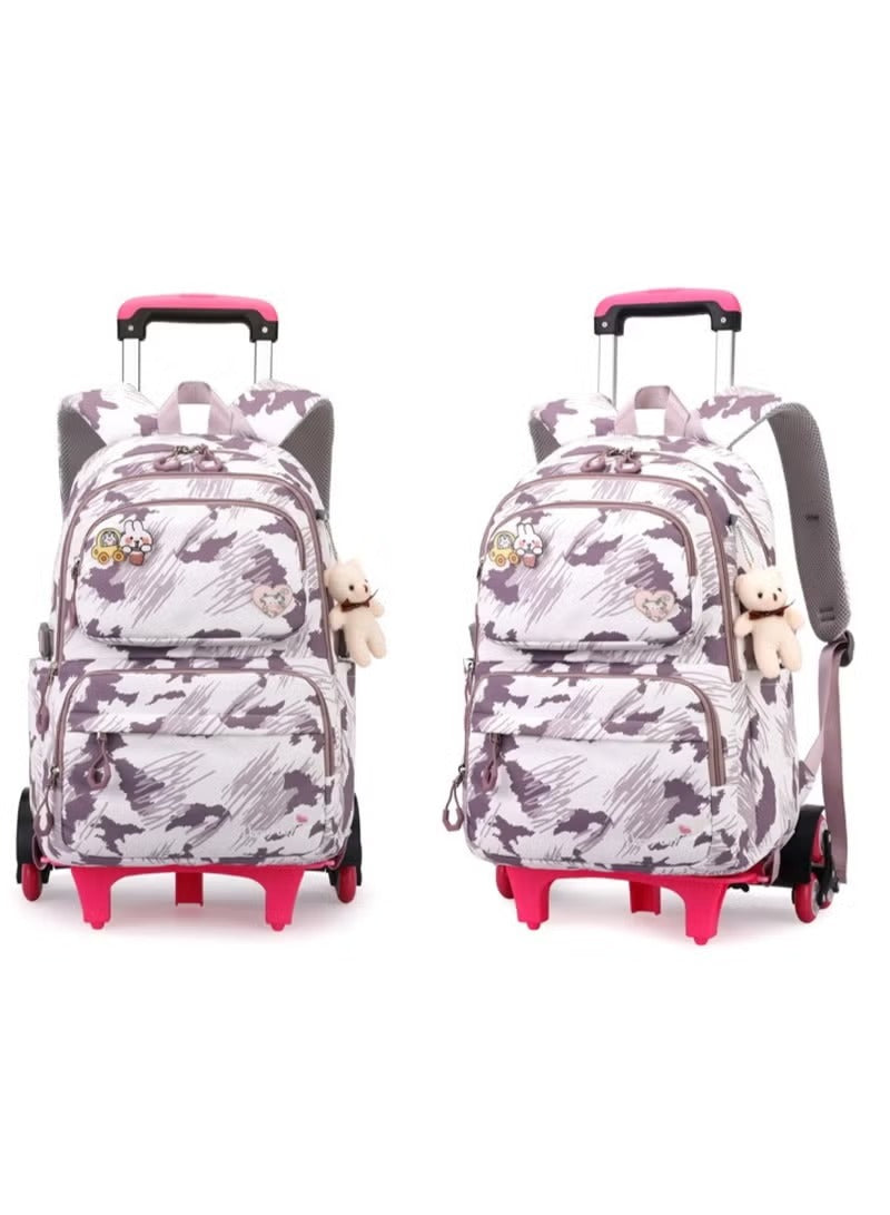 Children’s Rolling Trolley Backpack with Brushstroke Design and Plush Toy – Purple