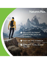 Iron supplement panel with vitamin C and easy-on-the-stomach icons