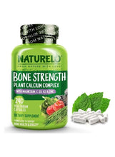 Bone strength supplement bottle, green front label and 240 vegetarian capsules