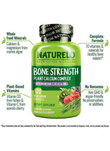 Bone strength supplement bottle, front label with plant calcium complex and health notes