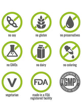 Supplement claim icons: no soy, no gluten, no preservatives, vegetarian, FDA, GMP