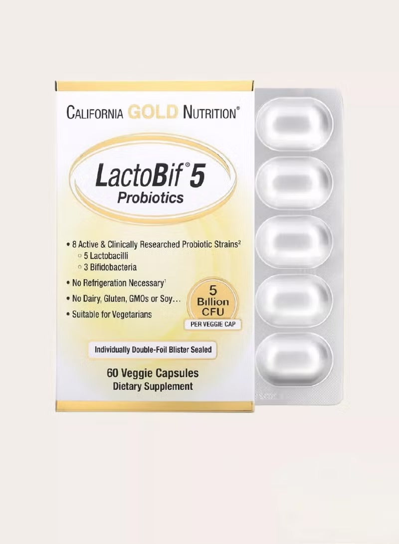 California Gold Nutrition LactoBif 5 Probiotics – 5 Billion CFU – 60 Veggie Capsules (Packaging May Vary)