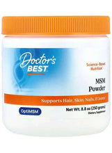 MSM powder supplement jar with orange lid, Doctor's BEST label, 8.8 oz net wt