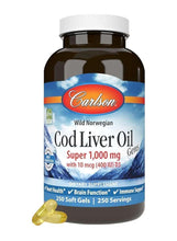 Cod liver oil softgel supplement bottle, brown, white cap, front label