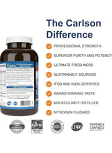 Cod liver oil supplement bottle with The Carlson Difference claims and badges