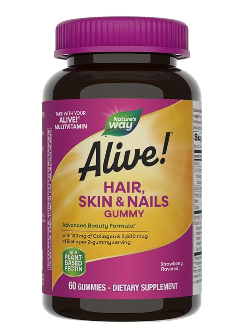 Alive! Hair, Skin & Nails Gummies – Strawberry Flavour, 60 Gummies | With Biotin & Collagen | Supports Healthy Hair, Glowing Skin & Strong Nails