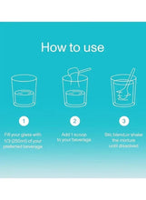 Marine collagen supplement jar on How to use panel with mixing step drawings