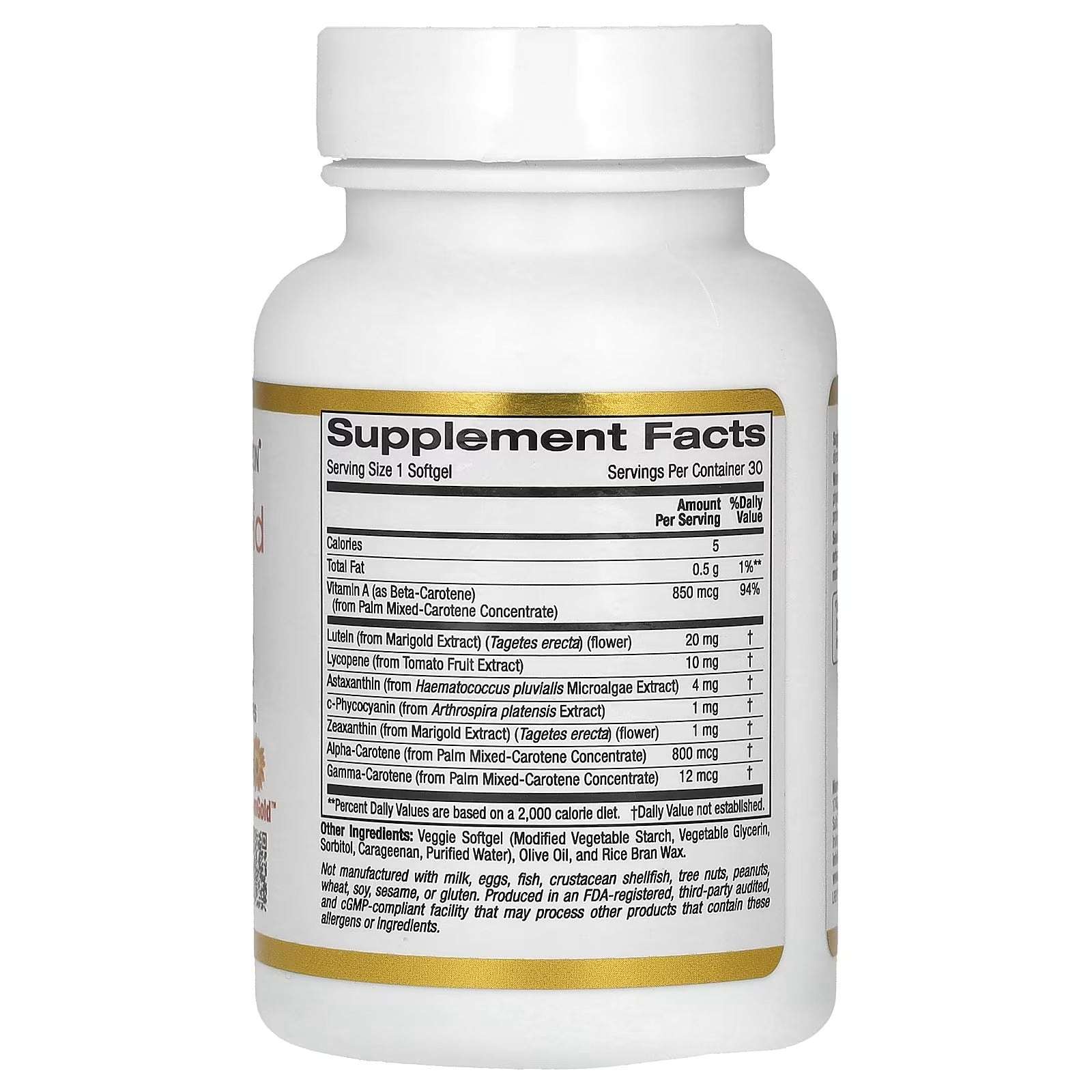 California Gold Nutrition AstaCarotenoid Complex supplement UAE in a softgel bottle with supplement facts