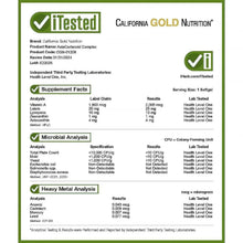 AstaCarotenoid complex veggie softgels bottle, iTested lab analysis panel