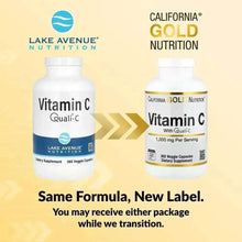 Vitamin C supplement bottles, white with gold trim, front labels shown side by side