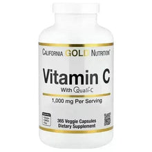 Vitamin C supplement bottle, white with gold trim, 1,000 mg label on front