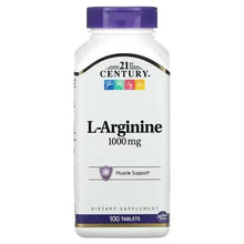 L-Arginine 1000 mg dietary supplement bottle with purple cap, 100 tablets