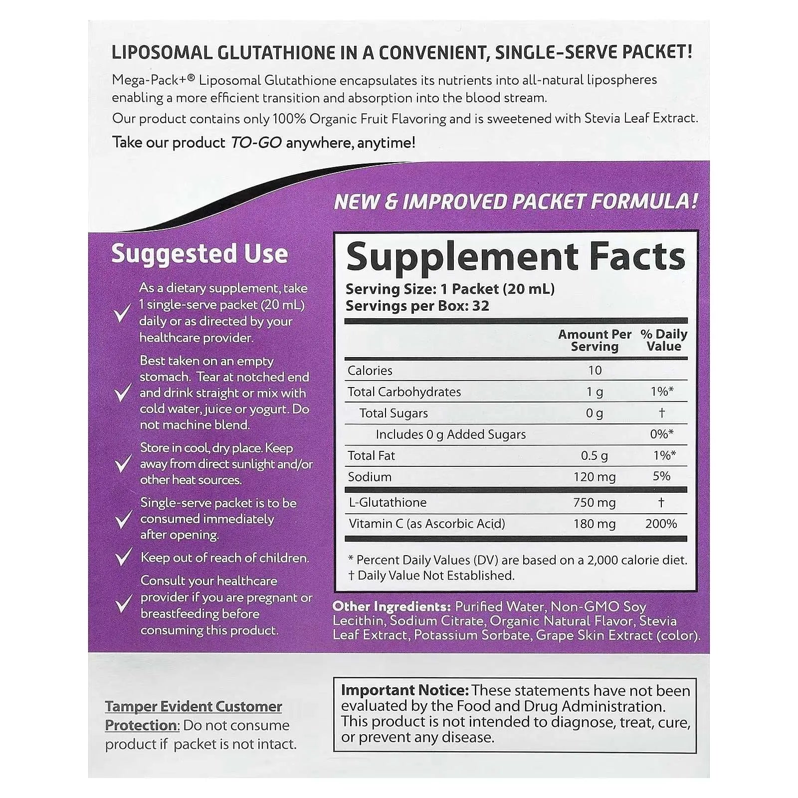 Aurora Nutrascience Mega-Pack+® Liposomal Glutathione – 32 Packets (0.68 fl oz / 20 ml Each)