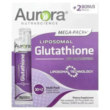 Aurora Nutrascience liposomal glutathione mega-pack+ supplement box, 32 packets, 20 ml each