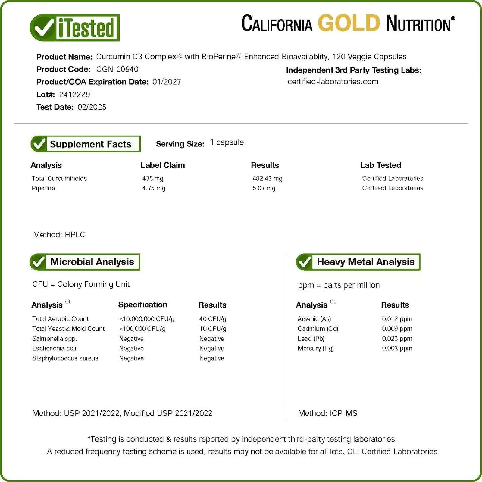 California Gold Nutrition Curcumin C3 Complex® with BioPerine® – 120 Veggie Capsules