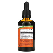 NOW Foods herbal supplement bottle back label with dropper, text and facts panel