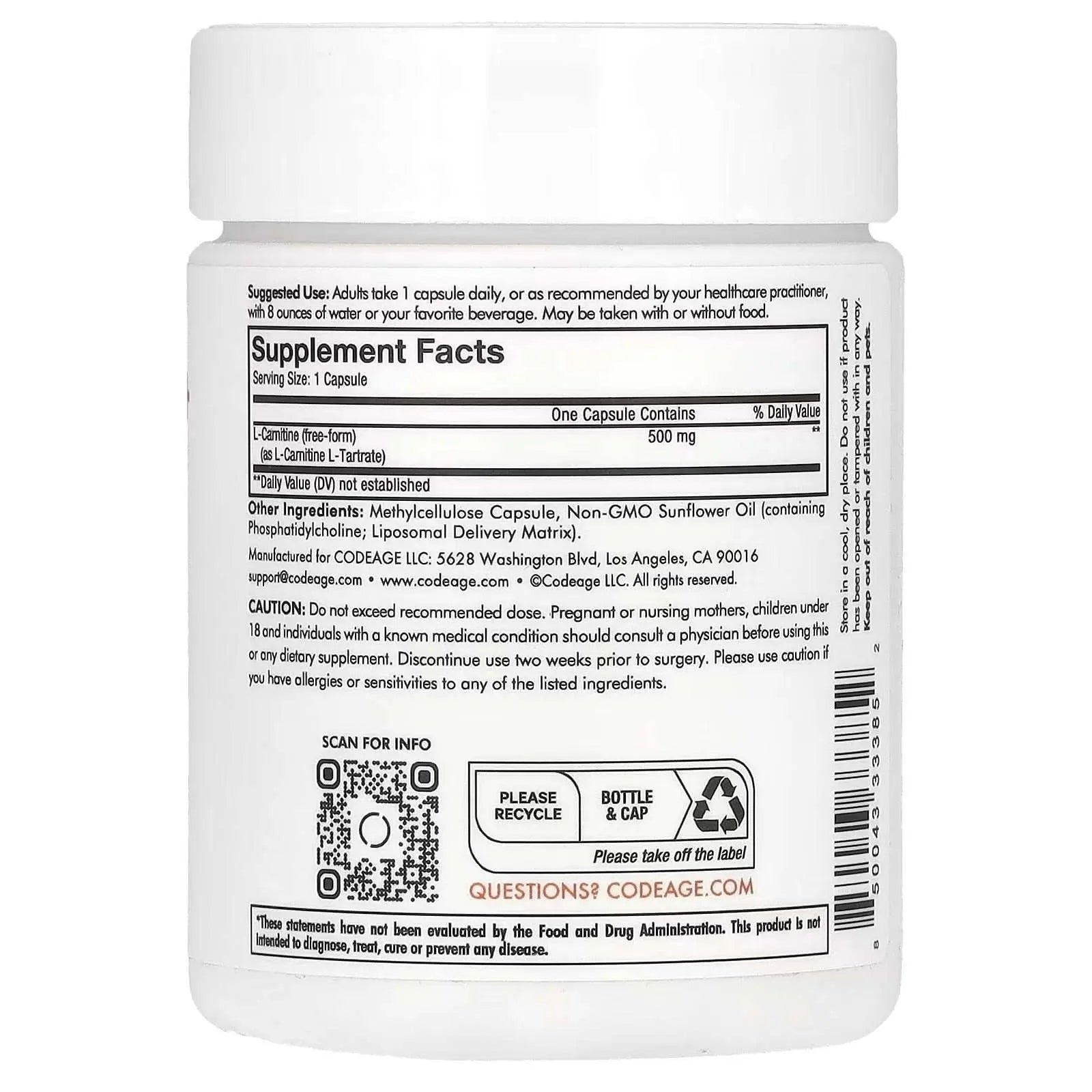 Codeage Liposomal L-Carnitine+ – 500 mg, 90 Capsules