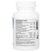 Supplement facts label on white Thorne B-complex bottle, barcode and vitamin ingredients