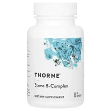 Vitamin B-complex supplement bottle, white with THORNE logo and blue label, 60 capsules