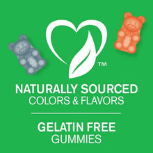 Gelatin-free gummies marketing panel with heart logo, “Naturally sourced” text and bear icons
