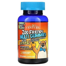 Supplement gummies bottle with Zoo Friends Multi Gummies Plus Extra C label, blue cap