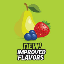 Gummy flavor marketing graphic with pear, strawberry, blueberry icons and New! Improved Flavors