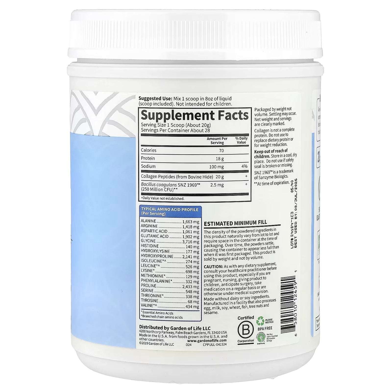 Garden of Life Grass Fed Collagen Peptides – Unflavoured, 19.75 oz (560 g) - Mumzar