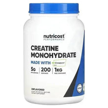 Creatine monohydrate supplement jar, white with blue cap and front label