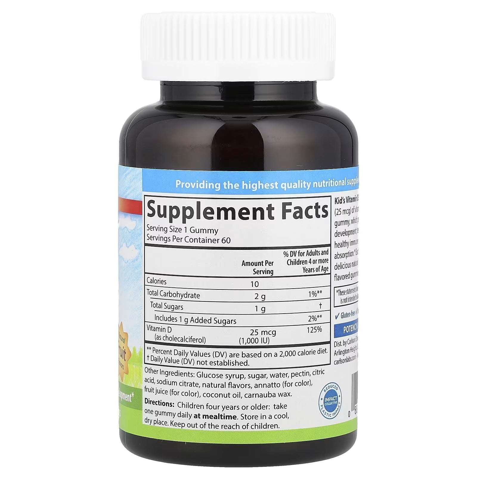 Carlson Kids’ Vitamin D3 Gummies – Natural Fruit, 1,000 IU (25 mcg), 60 Vegetarian Gummies - Mumzar