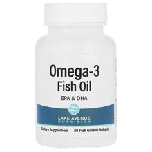 Omega-3 fish oil bottle with white cap and blue label, 30 softgels